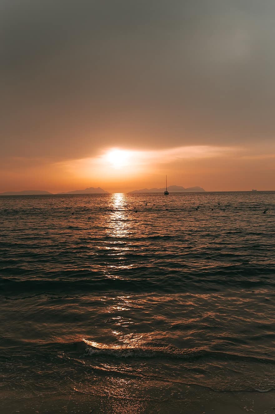 solnedgång, hav, romantisk, moln, ö, fartyg, landskap, humör, Italien, dom, ledsen