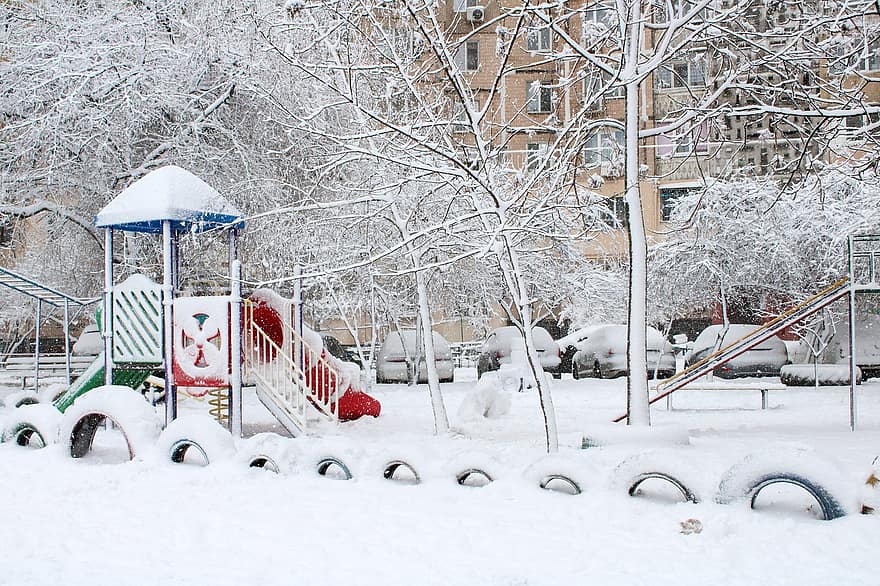 пързалка, игрище, парк, зима, сняг, студ, бял
