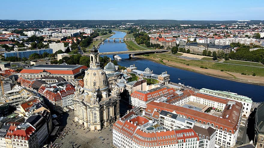 frauenkirche, upe, pilsēta, ēkām, pilsētas ainava, baznīca, vēsturiska, panorāma, elbe, Dresden frauenkirche, Drēzdene