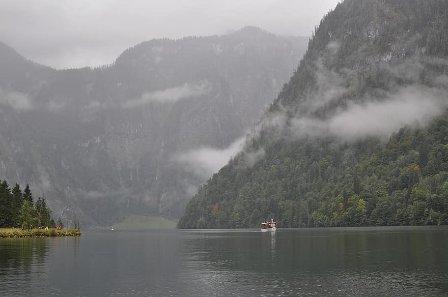 jezioro, mgła, góry, zamglenie, chmury, woda, las, sceneria, sceniczny, alpejski, Alpy