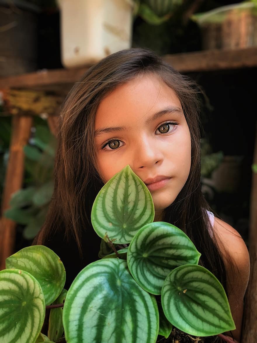mergina, akys, portretas, vaikas, mielas, augalų, lapai