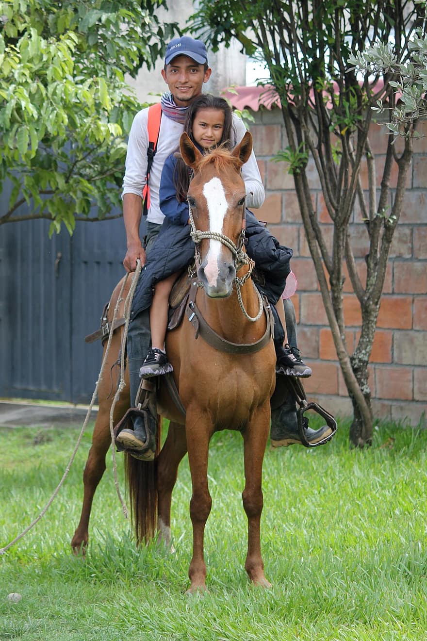 cavalgando, andar a cavalo, pai e filha, família, cavalo, garotinha, criança, campo