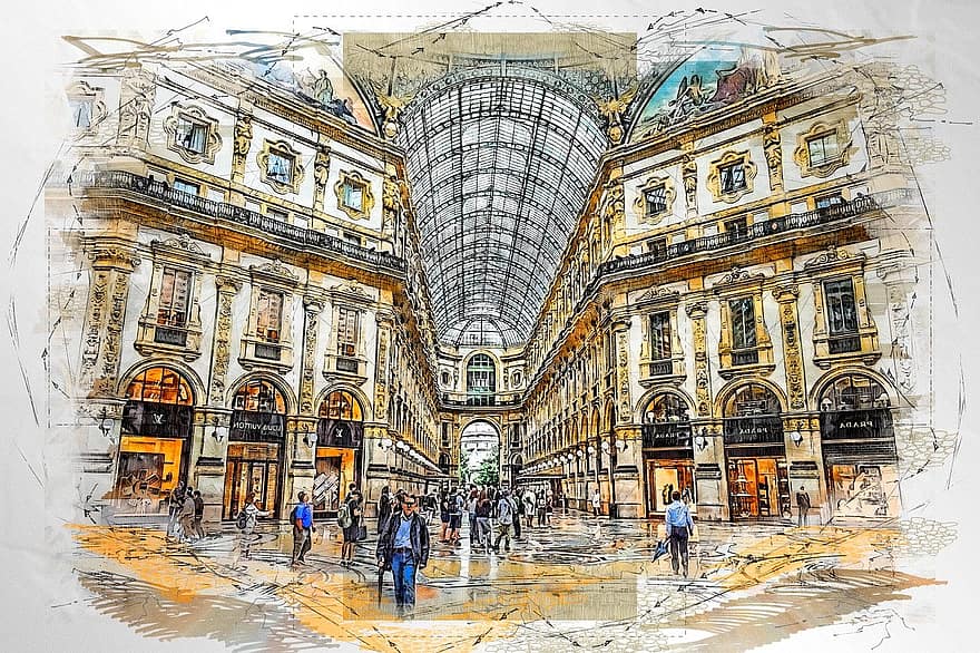 건축물, 건물, 시티, 기하학적 인, galleria vittorio emanuele ii, 밀라노, 이탈리아, 경계표, 쇼핑몰, 이탈리아 사람, 끌어 당김