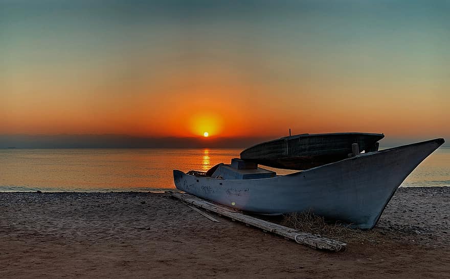 Boat, Coast, Sunrise, Sea, Red Sea, Sinai, Old Boat, Shore, Sand, Sun, Sunlight