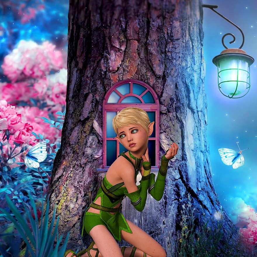 fantasia, elf, arbre, lanter, papallona, noia, bosc, boscos