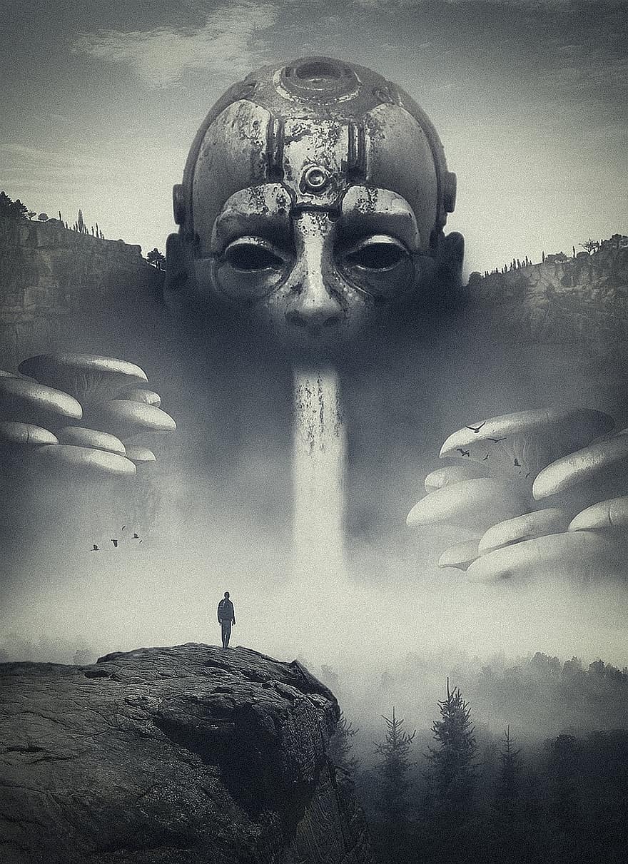 Android, Robot, Waterfall, Photoshop, Photomontage, Fog, Moutains