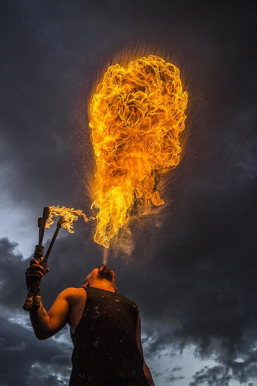Man, Flames, Performer, Fire, Circus, Festival, Summer, Fire Breathing, Fire Breather