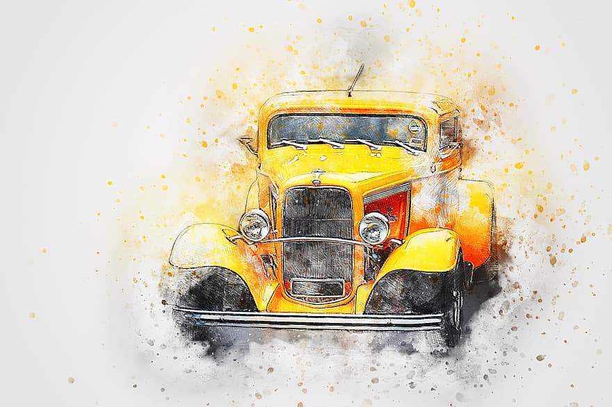 Car, Old Car, Ford, Art, Abstract, Watercolor, Vintage, T-shirt, Auto, Artistic, Design