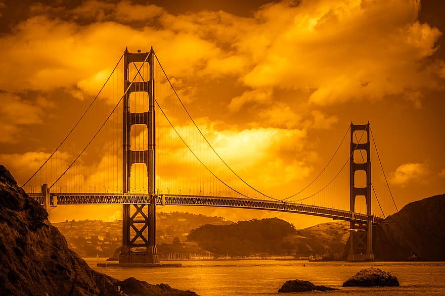 golden gate köprüsü, San francisco bay, San Francisco, Kaliforniya, köprü, Amerika, altın Kapı, bulutlar, gün batımı, akşam karanlığı, alaca karanlık