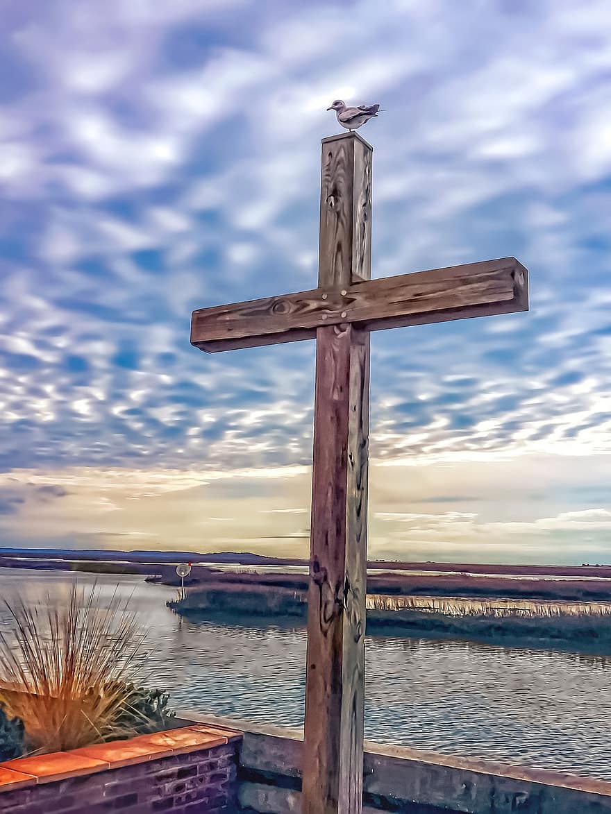 Cruz, crucifixo, de madeira, religião, fé, cristão, Cristo, Jesus, panorama, vista do mar, pântano