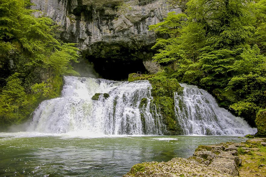 cascades, cova, naturalesa, piscina d'immersió, cascada, arbres, muntanya, bosc, riu, piscina, aigua