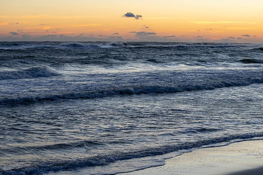 ビーチ、夜明け、サーフィン、海洋、砂、水、太陽、日の出、雲、波、自然