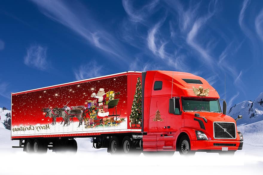 Boże Narodzenie, samochód ciężarowy, Święty Mikołaj, transport, sanie, prezenty, tło, motyw świąteczny