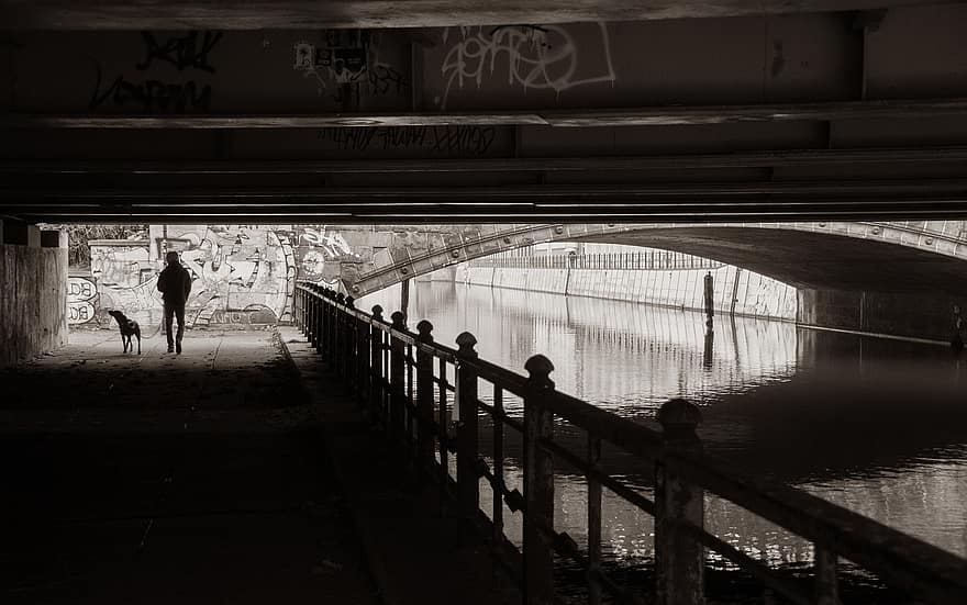 Bridge, Underpass, Flow, Tunnel, Man, men, black and white, architecture, walking, women, water
