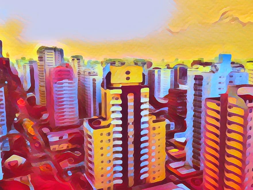 métropole, ville, architecture, grattes ciels, immeubles, coloré, art numérique, Sao Paulo, paysage urbain, gratte ciel, horizon urbain