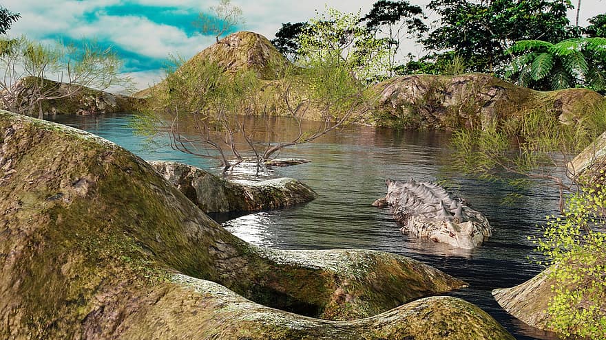 Crocodile, River, Nature, Rocks, Amazonas, Animal, Wildlife, Water, Trees, forest, tree