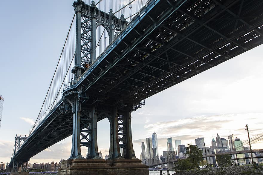 Manhattan, pont, Brooklyn, Amèrica, EUA, cel, nyc, viatjar, riu, escena, vespre