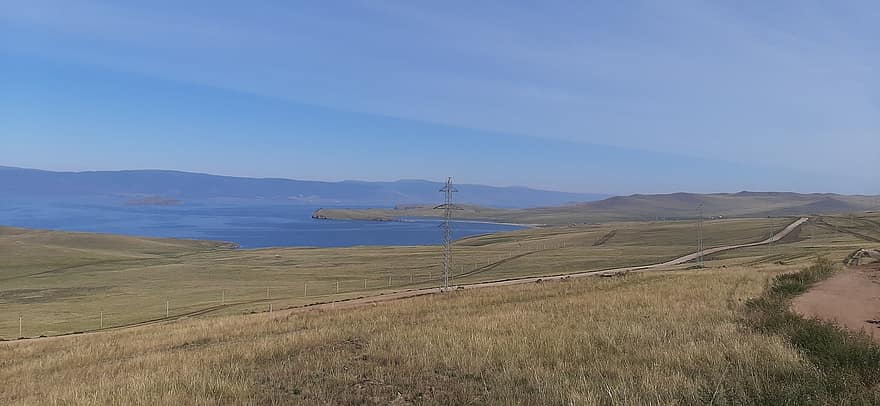 innsjø, dam, bakker, hus, gress, beitemark, stier, Olkhon, øy, Baikal