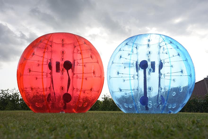 мяч, футбольный, трава, шарик пузыря, красный, синий, инфляция, спорт, сфера, летом, успех