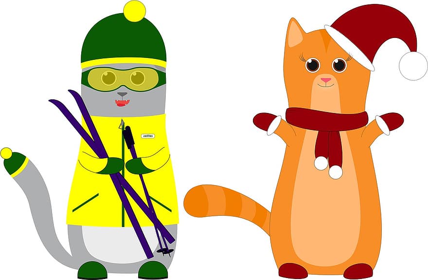 skice, ilustrācija, vektoru, jautri, izdomāts tēls, ziemā, rakstzīmes, skūpsts, 2d, multfilmas tēls, kaķis