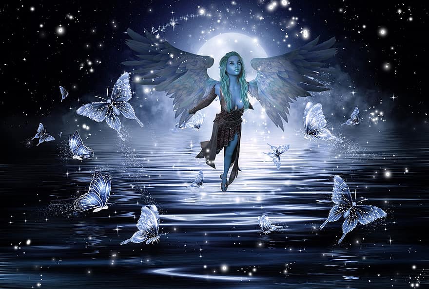 innsjø, måne, sommerfugl, engel, fantasi, flying, blå, bakgrunn, illustrasjon, dyrfløyen, abstrakt