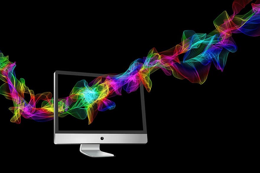 コンピューター、モニター、波、カラフル、虹、虹色、粒子、色、抽象、画面、コンピューターの画面