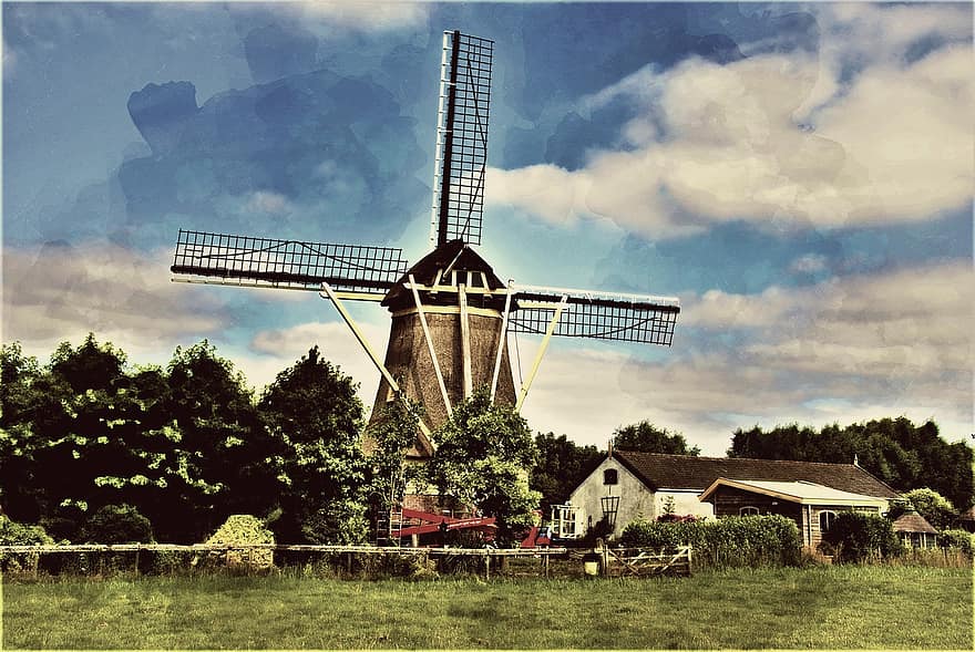 mulino a vento, paesaggio, pascolo, erba, Olanda, manifesto, disegno, acquerello
