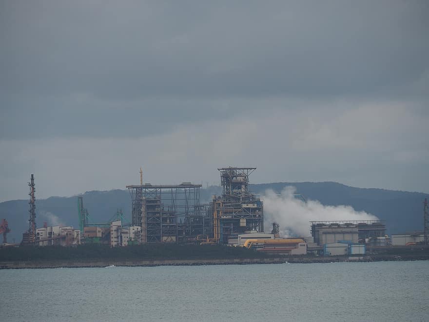 fabriek, industrieel, zee, oceaan, bewolkt