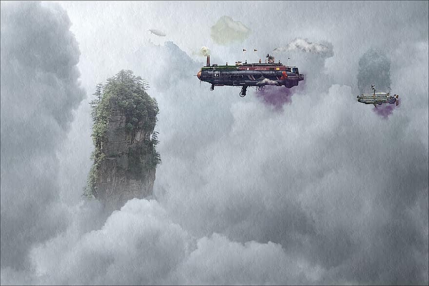 dirigível, steampunk, nuvens, névoa, ilhas, fantasia