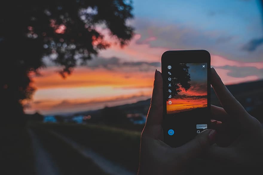 smartphone, cellulare, telecamera, alberi, pista, sentiero, tramonto