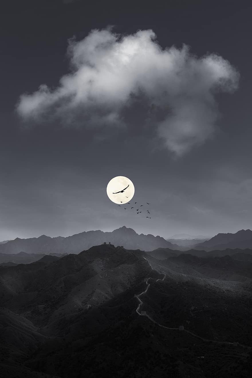 Kinesiska muren, måne, natt, svartvitt, panorama, fåglar, flygande fåglar, bergen, bergskedja, landskap, natur