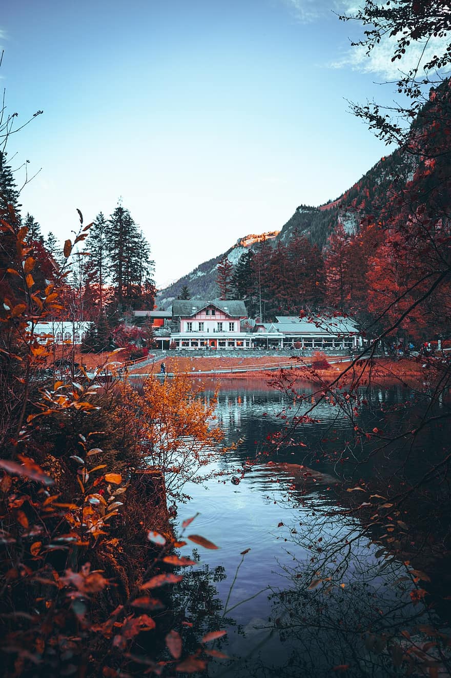 Lake, Town, Fall, Autumn, Trees, Mountain, Water, Reflection