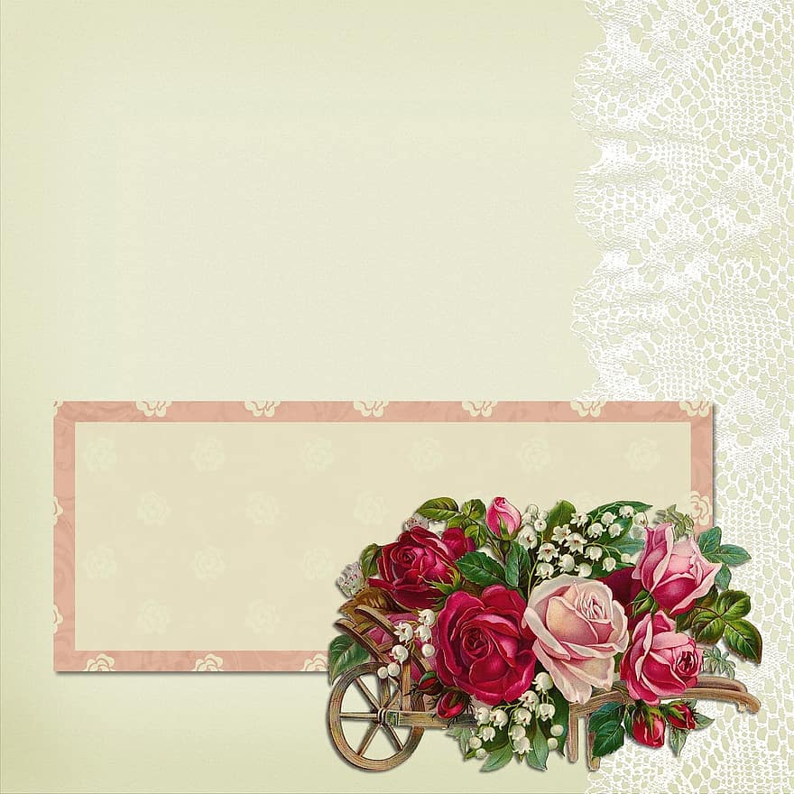 Background, Lace, Rose, Tag, Wheelbarrow, Red, Bouquet, Stone, Sepia, Template, Frame