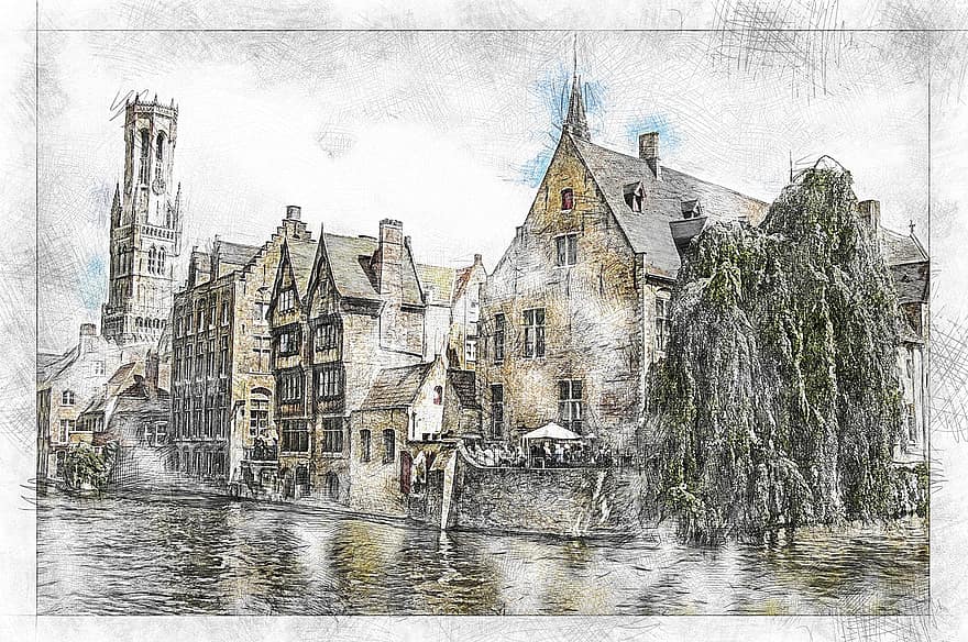 камбанария, кула, Брюж, канал, исторически център, идиличен, фасади, архитектура, средновековния град, река, живописен