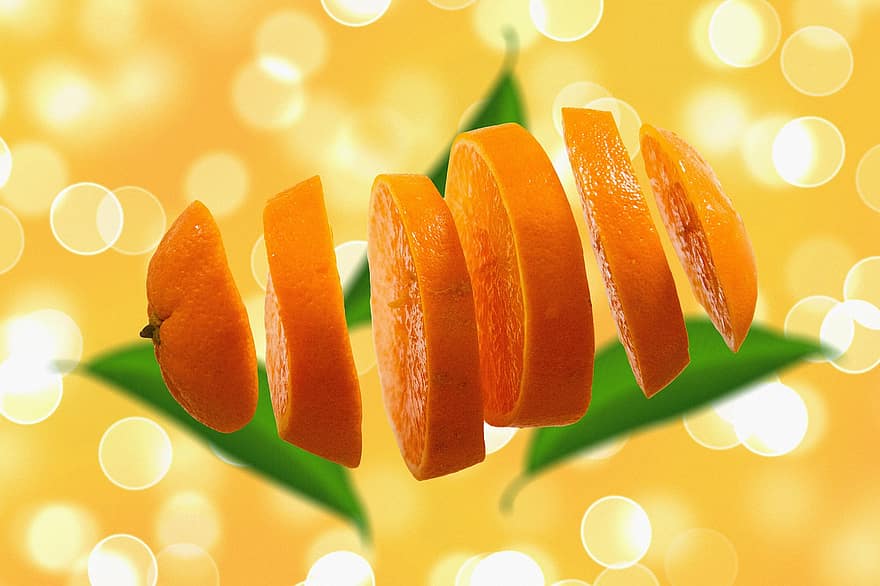 arancia, le foglie, bokeh, cibo, succoso, dischi, fresco, frutta, amichevole, benessere, tagliare a fette
