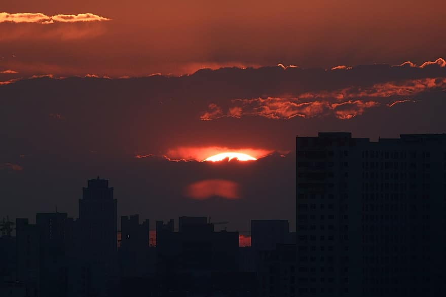 Sunset, Sunset Glow, Clouds, Sky, Sun, Twilight, Building, Caiyun, dusk, silhouette, night
