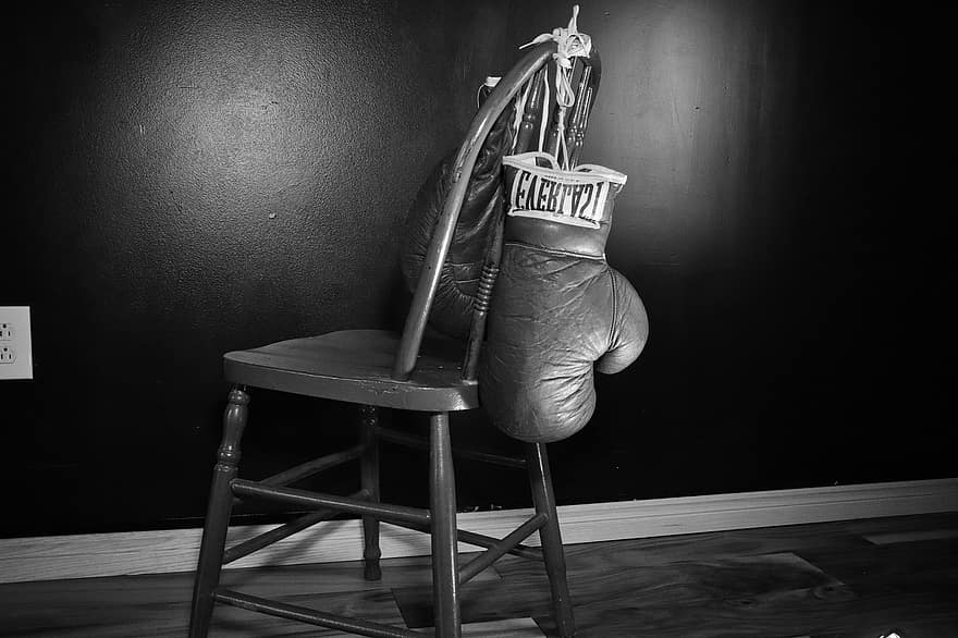 Boxing, Gloves, Equipment, Chair, Sport, Fitness, indoors, wood, domestic room, table, black and white