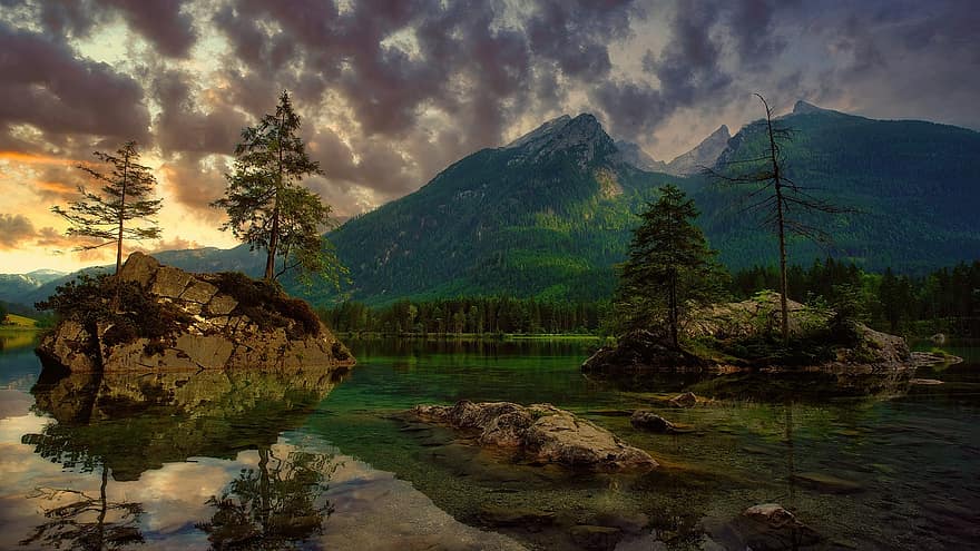 natura, lago, all'aperto, viaggio, esplorazione, Hintersee, Baviera, Alpi, nuvole, cielo, montagne