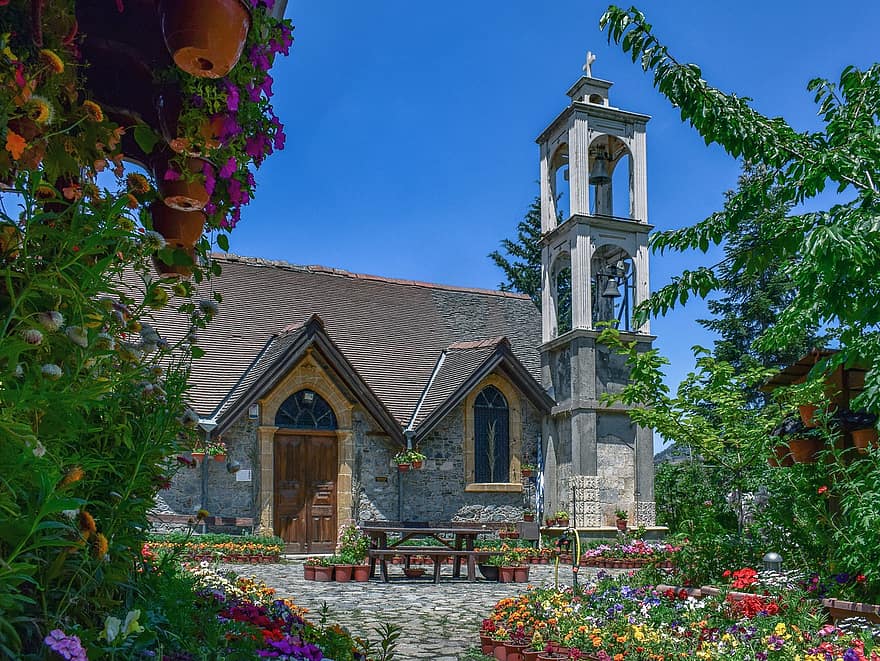 Church, Building, Architecture, Garden, Religion, Christianity, Tower, Bell Tower, Flowers, Plants, Village