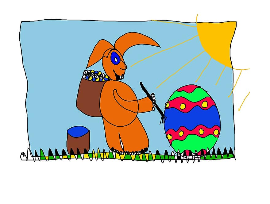kelinci Paskah, Paskah, Telur Paskah, telur, kelinci, anak-anak, naif, anak-anak menggambar, perayaan paskah, ornamen, lukisan tangan