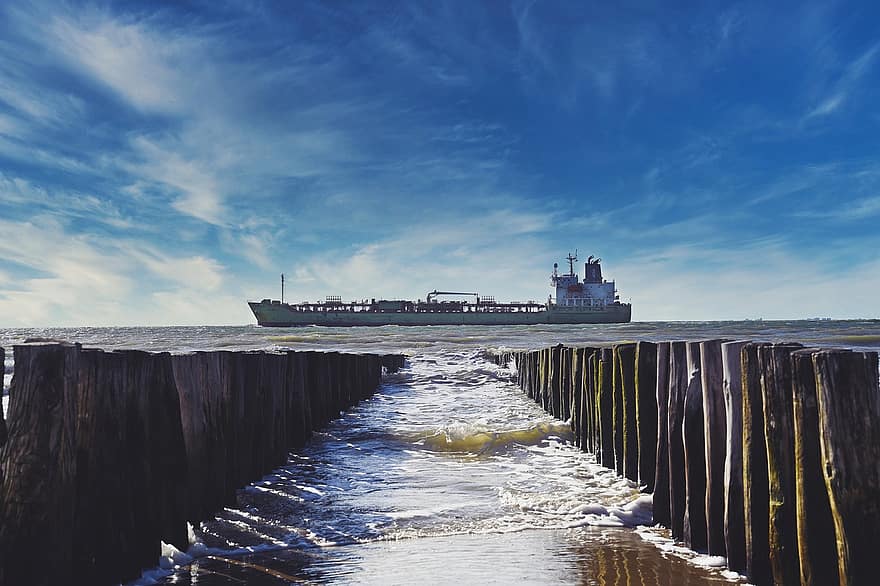 Ship, Breakwater, Sea, Ocean, Water, Freighter, Container Ship, Cargo Ship, Cargo, Coast, North Sea