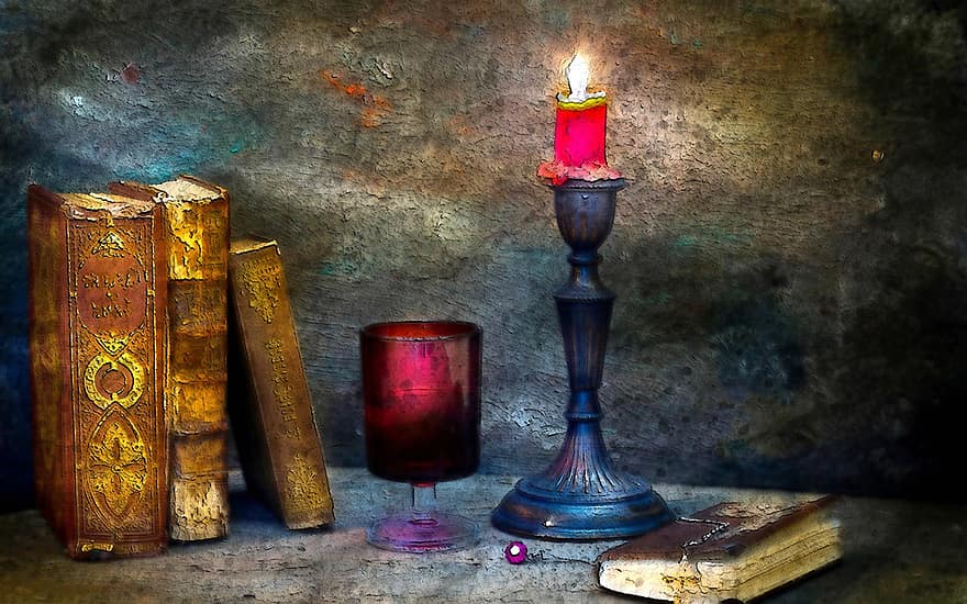 Candle Light, Candle, Light, Lit, Book, Old, Vintage, Used, Candle Holder, Metal, Facade