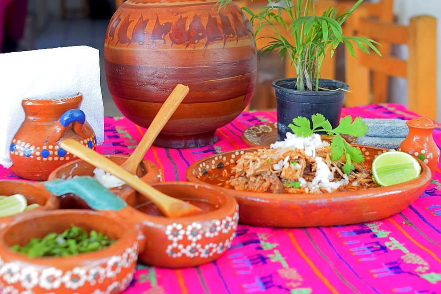 meksikietiškas maistas, Meksikos virtuvė, kultūros, maisto, indai, dubuo, virimo, kelių spalvų, keramika, valgio, mediena