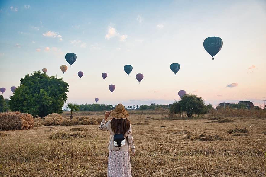 महिला, मैदान, गर्म हवा के गुब्बारे, गुब्बारे, पेड़, पत्ते, यात्रा, पर्यटन, सूर्योदय