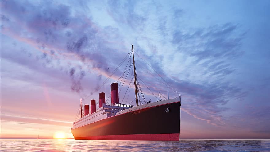 titanic, solnedgang, ocean, skib, vand fartøj, solopgang, transportmidler, nautiske fartøj, Forsendelse, skumring, industrielt skib