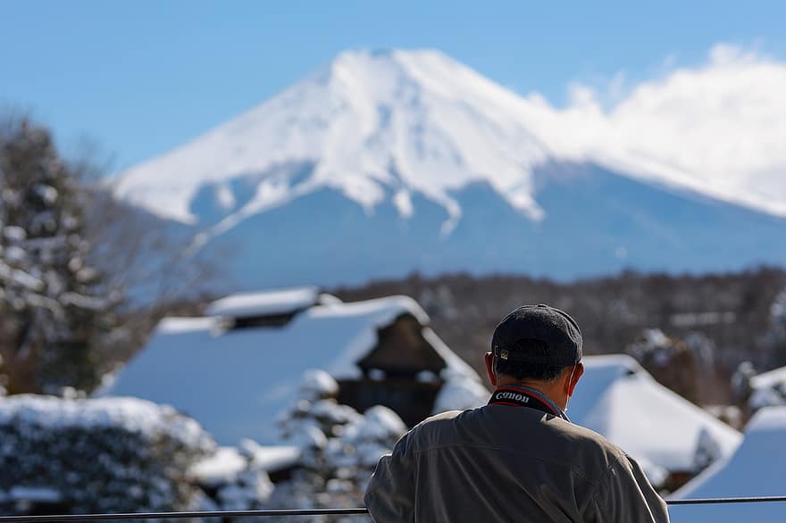 человек, фотограф, Гора Фудзи, турист, зима, снег, гора, люди, один человек, горная вершина, путешествовать