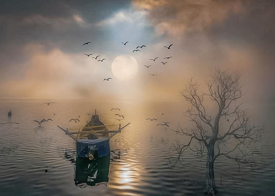 Tree, Lake, Boat, Foggy, Sunset, Moon, Sky, dusk, flying, water, nautical vessel