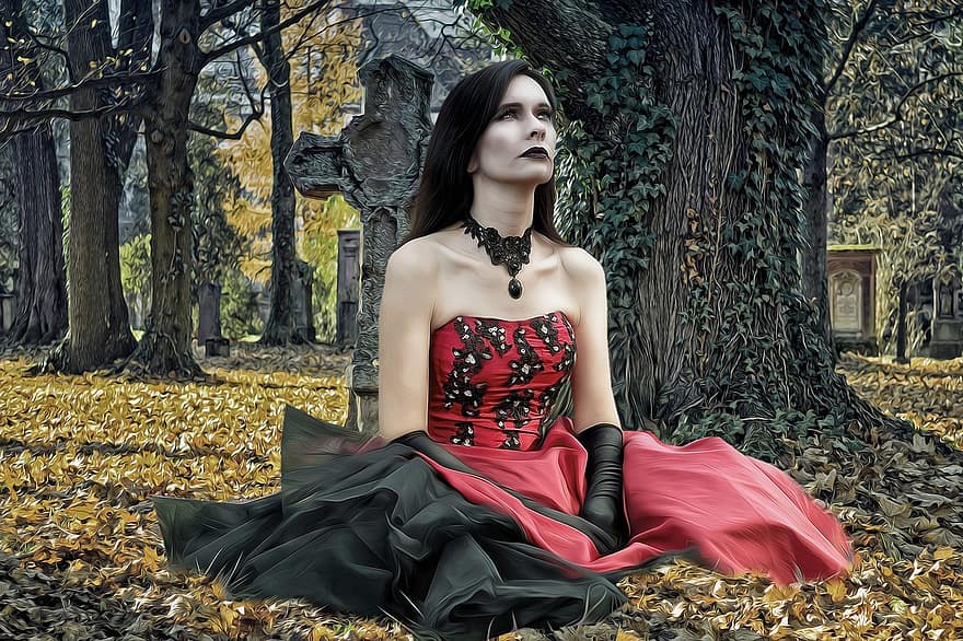 kvinne, hunn, skjønnhet, modell, gotisk, gothic modell, mørk, kirkegården, kryss, gravkammer, blader