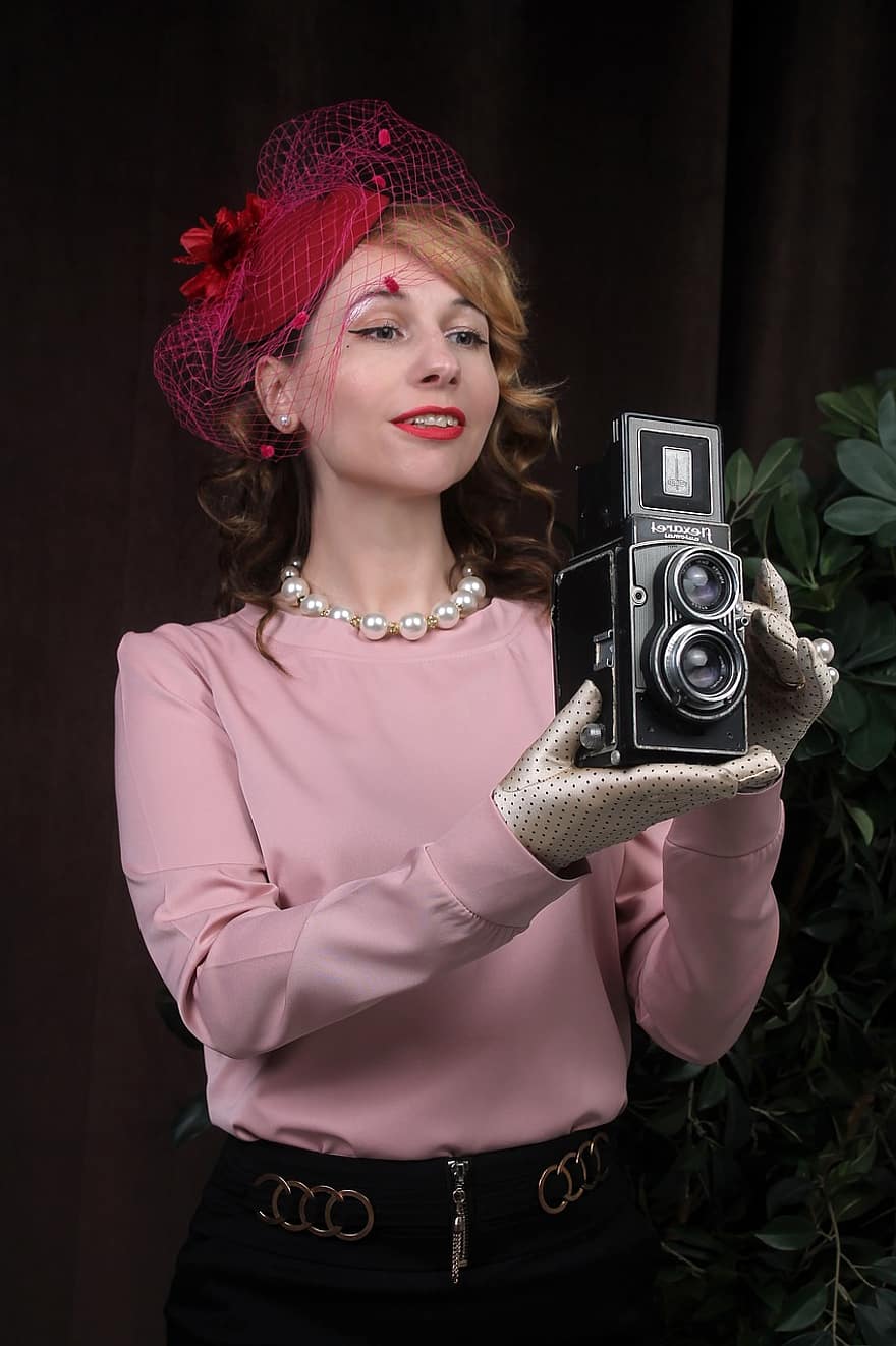vrouw, mode, retro, schoonheid, vintage camera, fotograaf, 1950, wijnoogst, '50, Mode uit de jaren 50, jaren 50 stijl