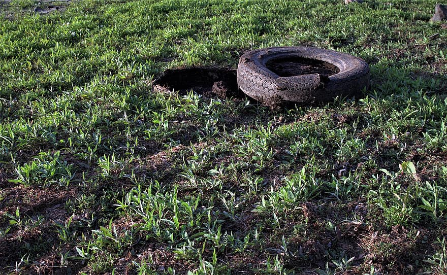 車のタイヤ、壊れた、捨てる、廃棄、環境汚染、割れた、黒、床、草、プロフィール、円形